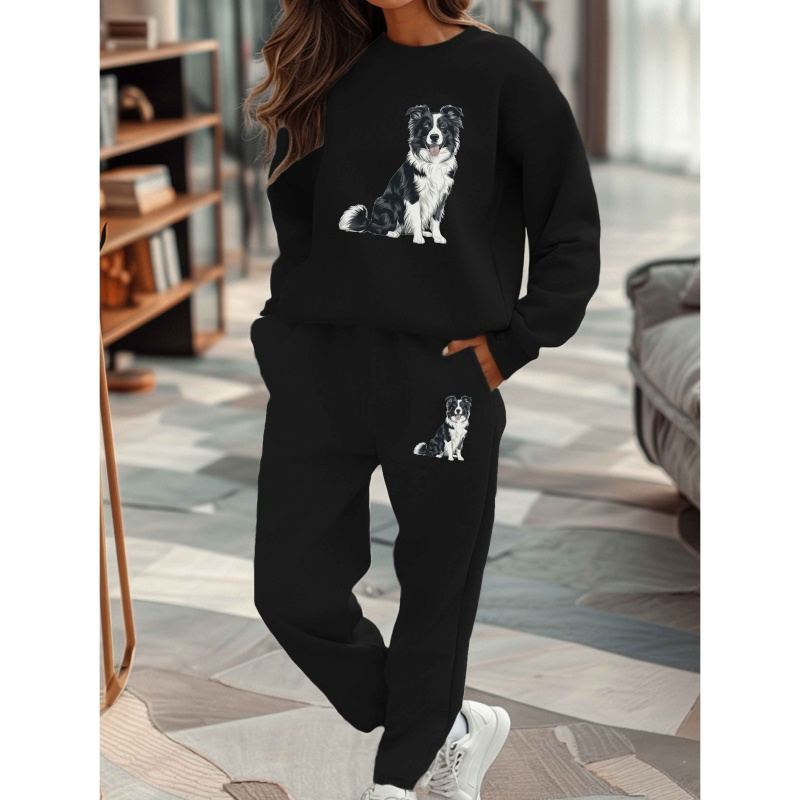 

Women's Cozy Illustration Red Sweatshirt And Sweatpants Set - Polyester, Round Neck, Casual Fall/winter Outfit, Machine Washable