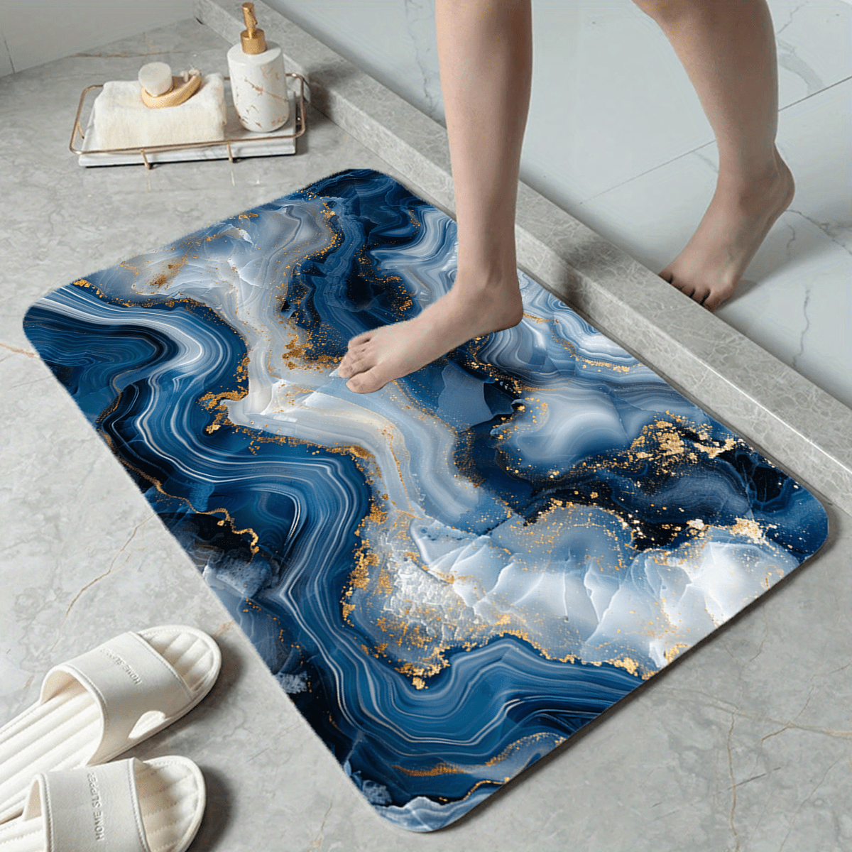 TEMU 1pc, Blue Gray Gilded Marble Pattern Printed Floor Mat, Suitable For Bathroom Areas, Bathroom Mats, Bathtub Mats, Bathroom Door Mats, Bathroom