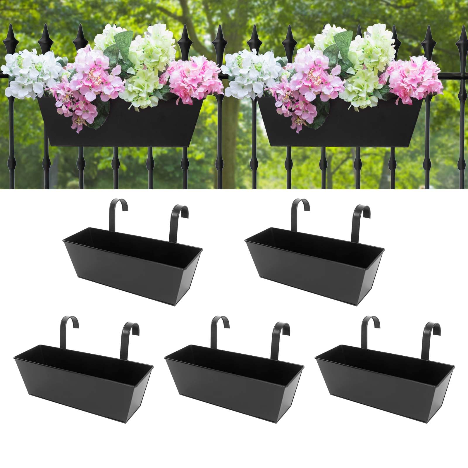 5pcs Outdoor Balcony Railing Planters 16 Inch Deck Rail Top Flower Boxes Hanging Planters Suitable for Fence Flowers