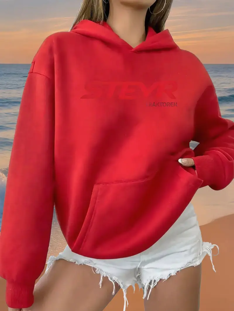 Red Women'S Casual Hooded Sweatshirt with Bold Red "STEYR" Graphic Print - Cozy Fall Winter Pullover