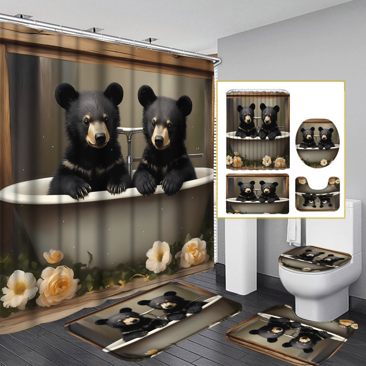 TEMU 4pcs Cute Bear & Bathtub Shower Curtain Set, Pattern Bathroom Curtain Set With 12 Hooks Non-slip Bathroom, Toilet , Toilet Lid Cover, Modern
