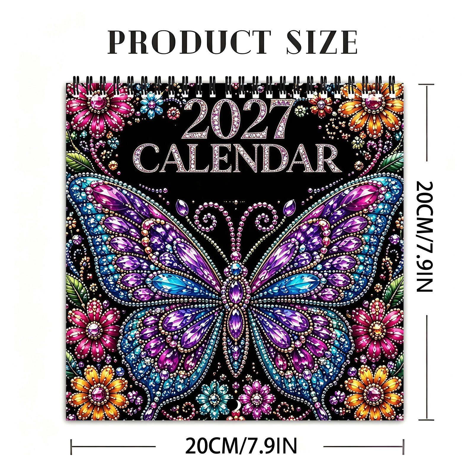 TEMU Calendrier mural papillon 2027 avec strass étincelants, 12 mois, année complète Jan 2027 à Déc 2027, reliure spirale de haute qualité, motif