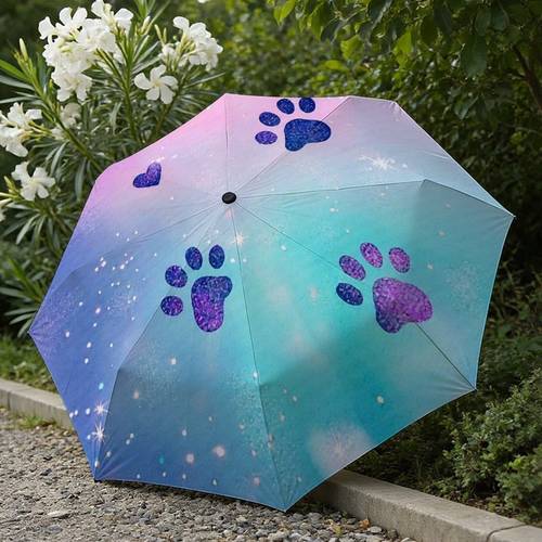 1pc automatic folding umbrella purple blue gradient base with sequin purple glitter paw prints and purple 8 rib mixed color lightweight compact umbrella suitable for and daily outdoor travel