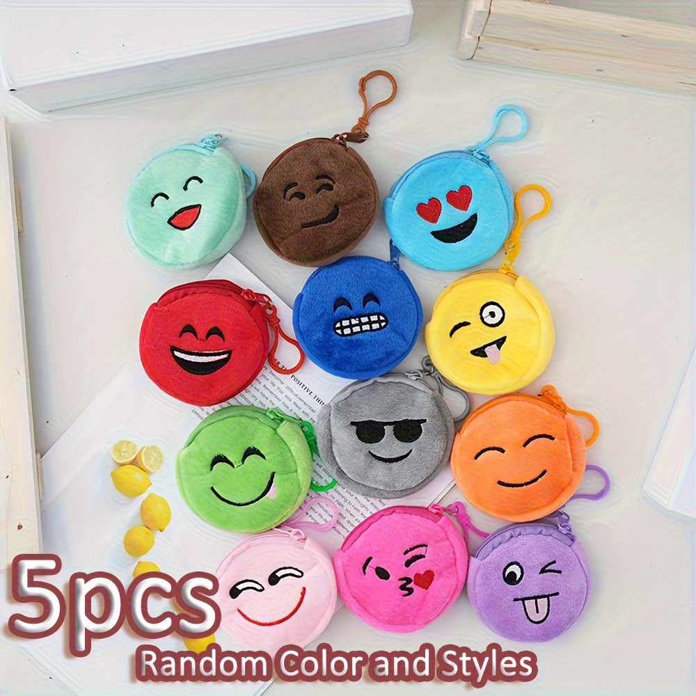 Image of 5pcs Random Color Cute Face Plush Coin Purses - 12- Faux Leather Zippered Small Pouches, Portable Keychain Wallets For Women And Men, Hand Wash Only