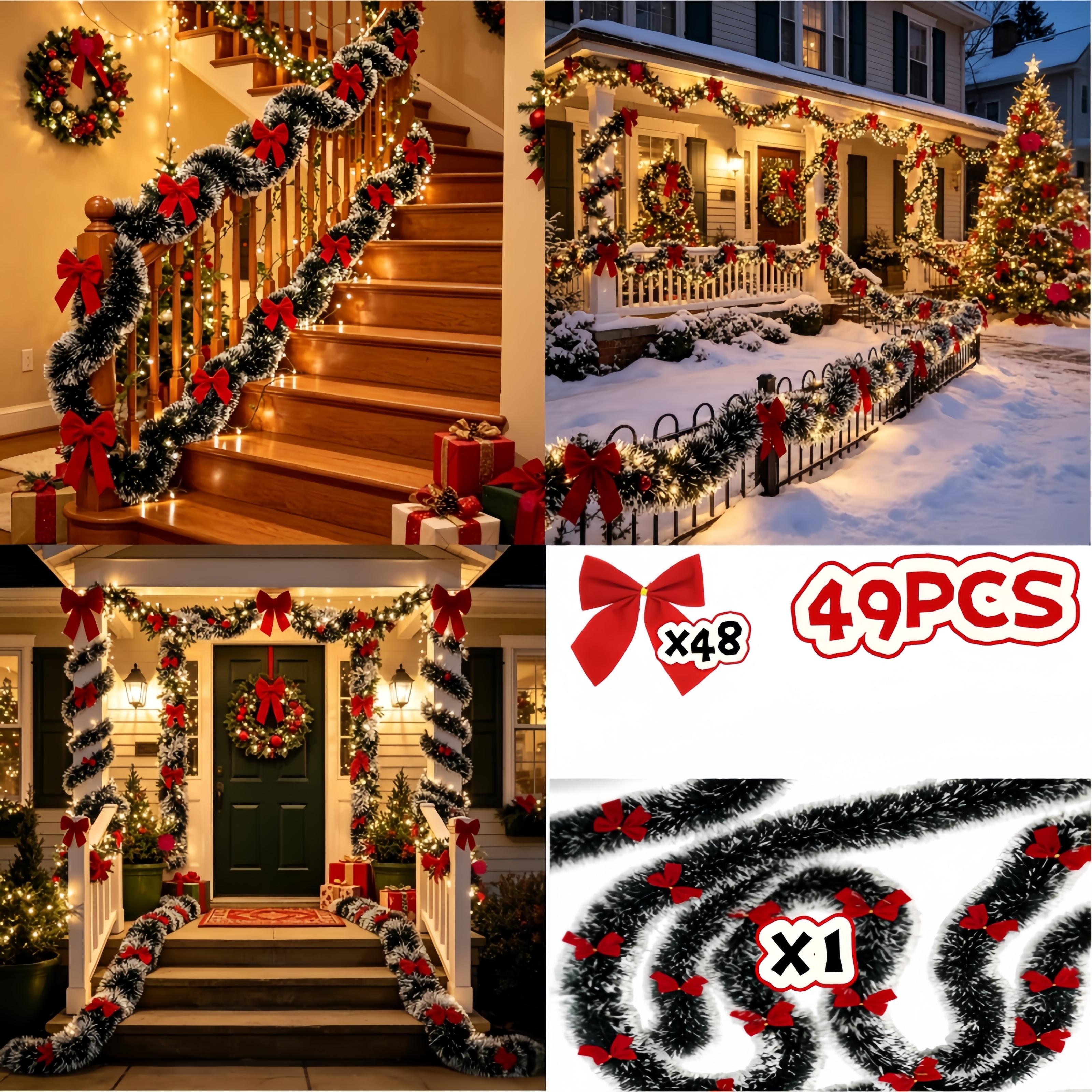 TEMU [1pc Ribbon And 48pcs Bows] = 49pcs Ultra-long 472.44inch Holiday Decor Christmas Wreath, Suitable For Living Room, Front Door, Fence, Exterior