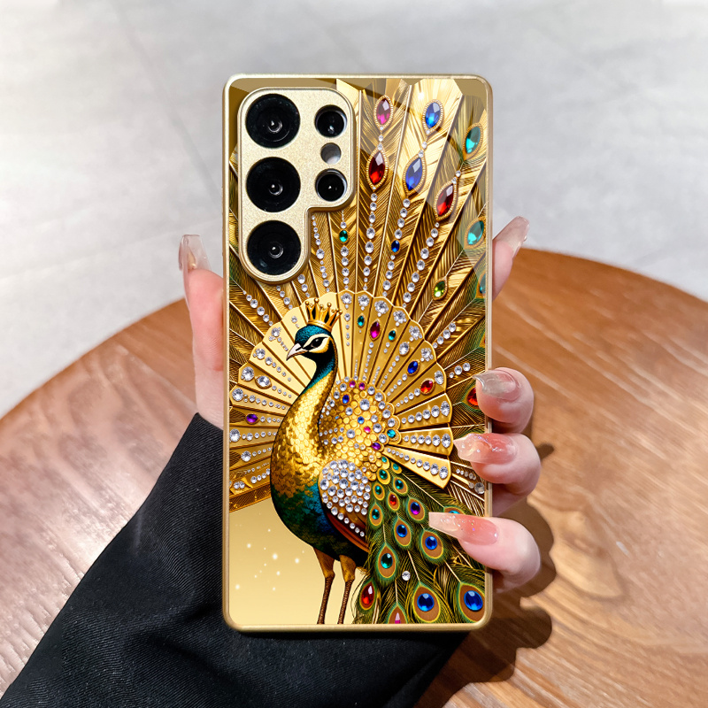 TEMU Phone Case - With Jeweled Feathers And Crown, Stylish, High-end, Trendy Pattern Glass Phone Case For Galaxy