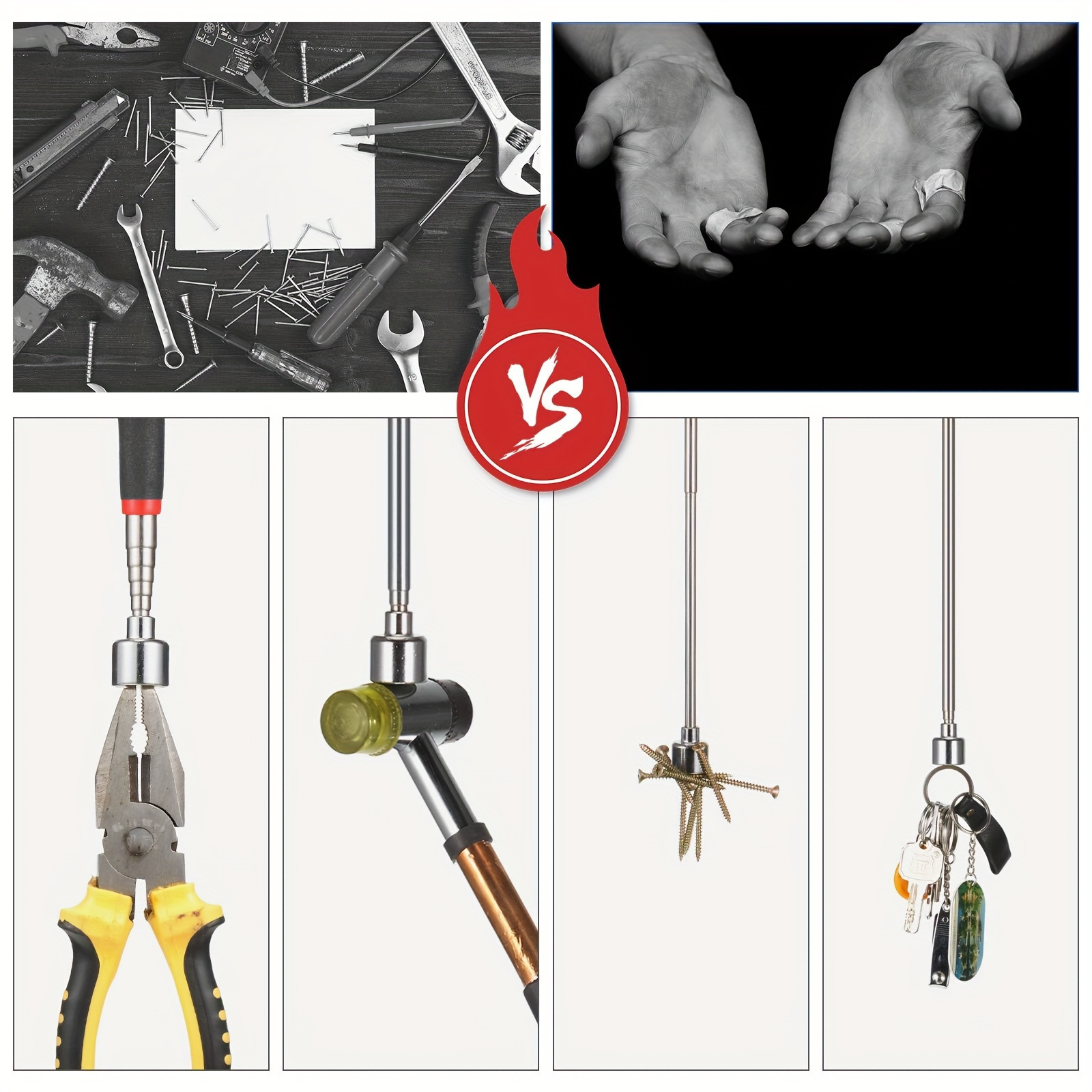 3-in-1 Stainless Steel Telescopic Magnetic Grabber Tool - Non-Electric, Iron Material, Ideal for Automotive & Construction, Hard-to-Reach Areas, No Battery Required, Construction Tool | Telescopic Design | Durable Construction, Magnetic Tool