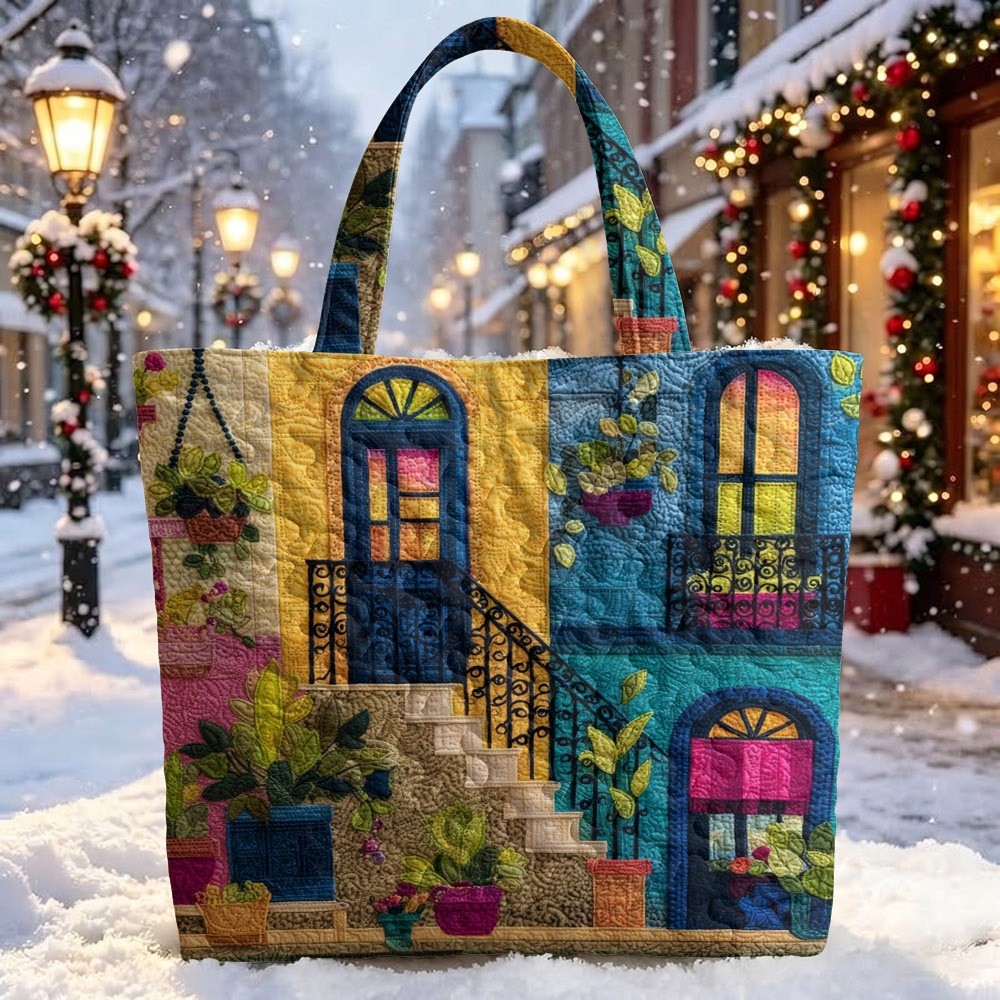 Whimsical Vibrant Quilted Women's Tote Bag, Material With Detailed Colorful Building & Potted Plants Print, Multiple Specifications , Perfect For Travel, Beach, Vacation & Daily Shopping