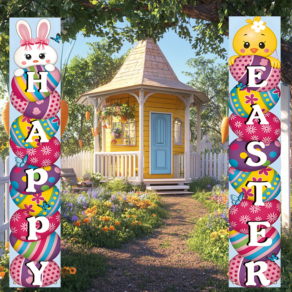 

1 Pair Easter Happy Entryway Door Banner Set, Spring Rabbit & Egg Themed Party Banners, Polyester Porch Sign Duo, Multipurpose Decor, With No Electricity Needed For Indoor, Outdoor, Garden, Garage