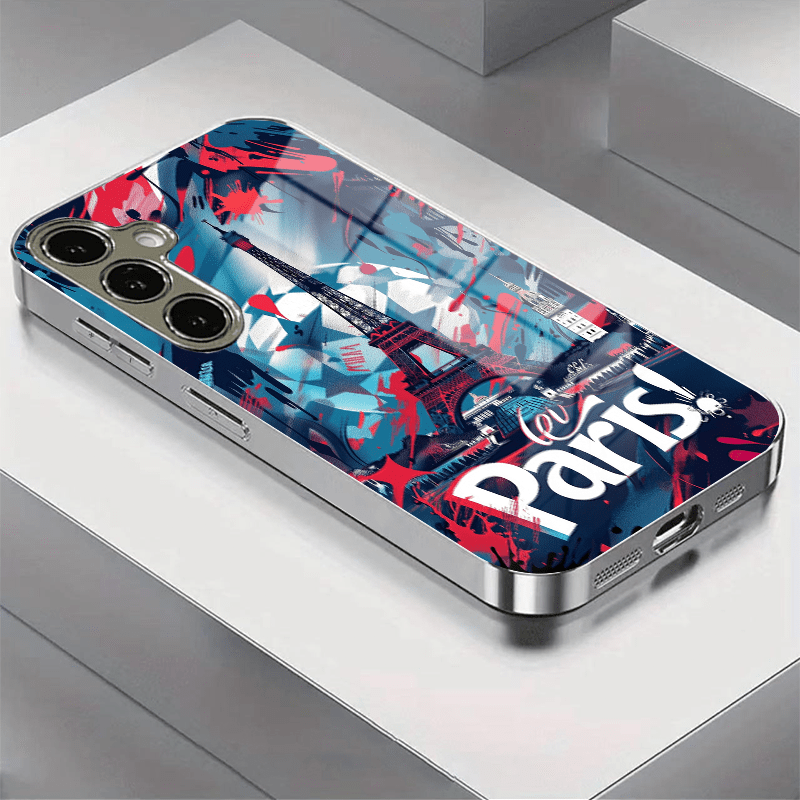 TEMU Coque de téléphone - coque de téléphone en verre électroplaqué avec un affiche de style graffiti de Eiffel, compatible avec Samsung S25, S24,