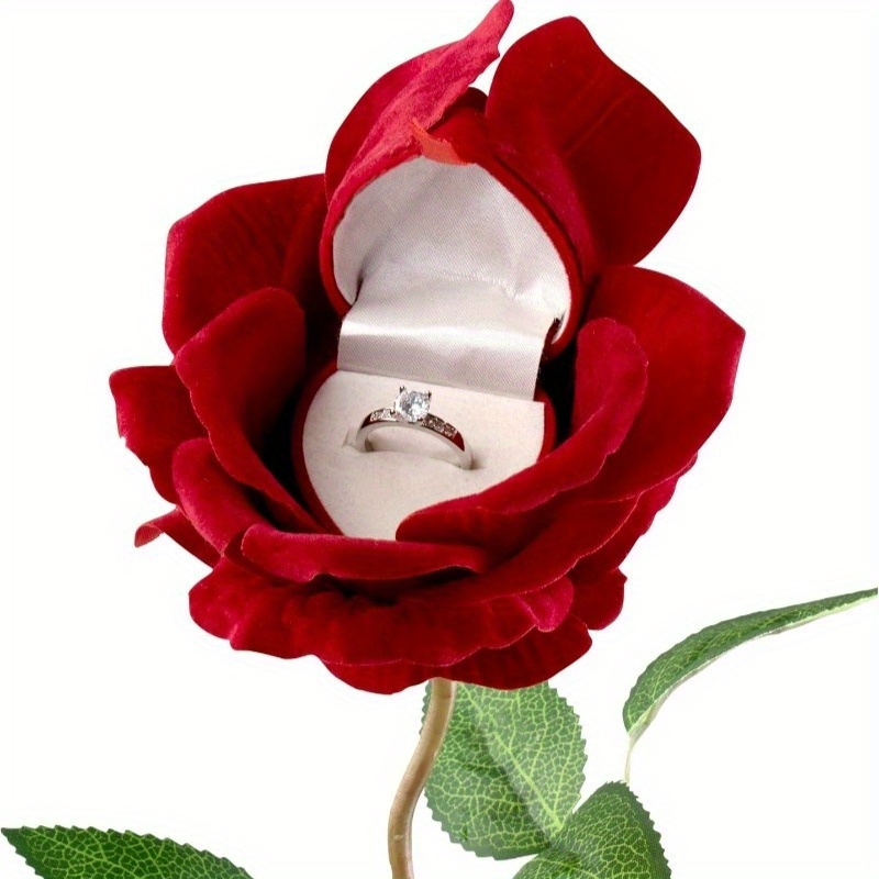 TEMU 1pc Flocked Rose-shaped Ring Box, Rose Stud Earring Box, Suitable For Valentine's Day Gifts, Engagements, Anniversaries, Weddings, And Special