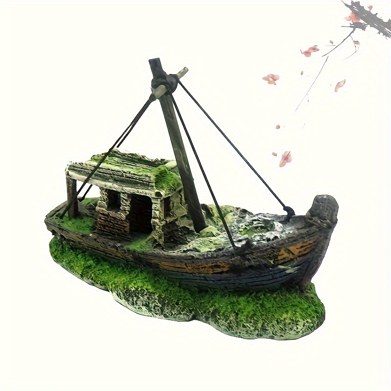 Image of 1pc Realistic Shipwreck Aquarium Decoration - Fishing Boat Design With And Shrimp Shelter, Durable Plastic Landscape Suitable For Freshwater And Saltwater Aquariums