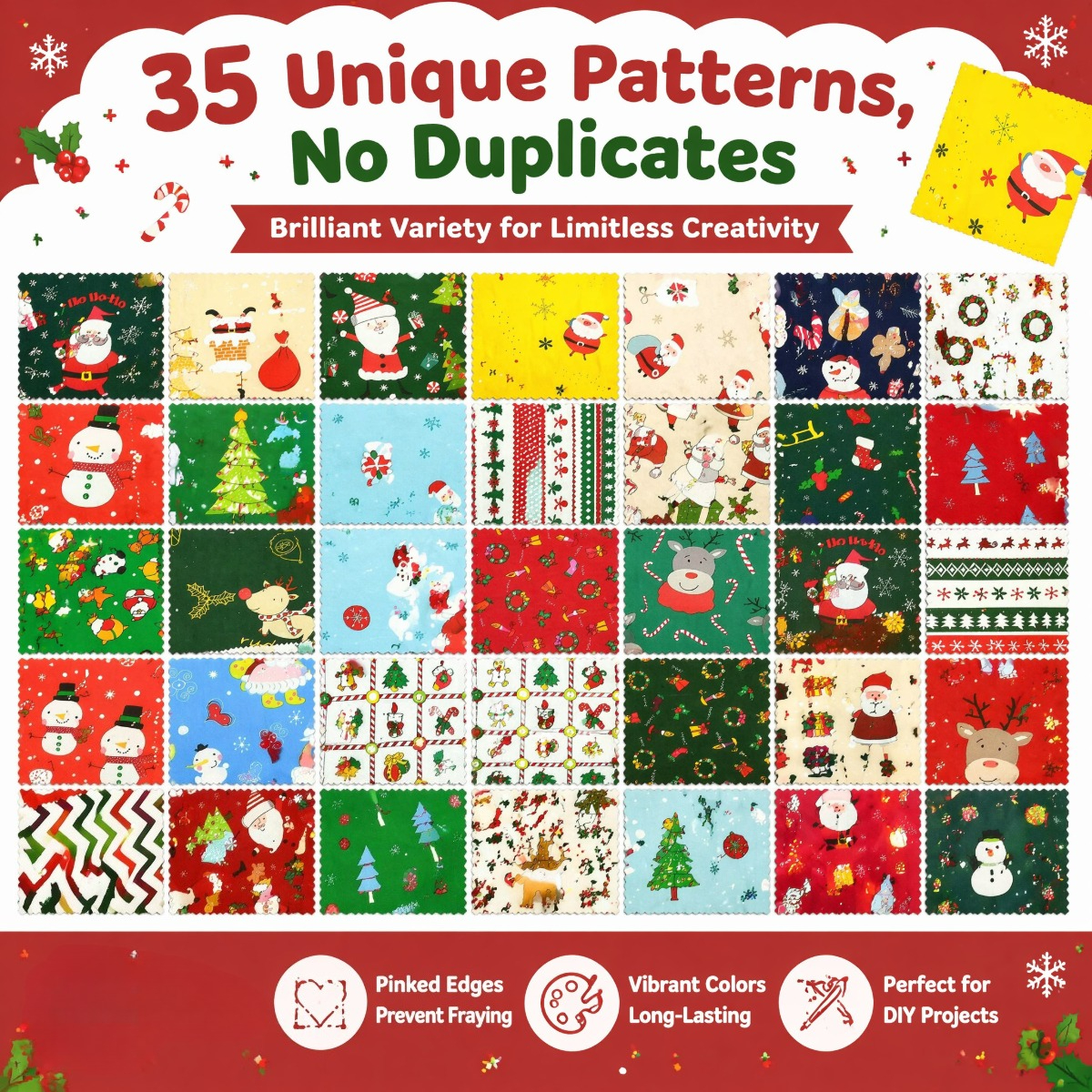 TEMU 35pcs Christmas Printed Fabric Squares, Pre-cut Squares With Santa Claus, Reindeer, Snowflakes - For Christmas Crafts, Gift Bags, Decorations,