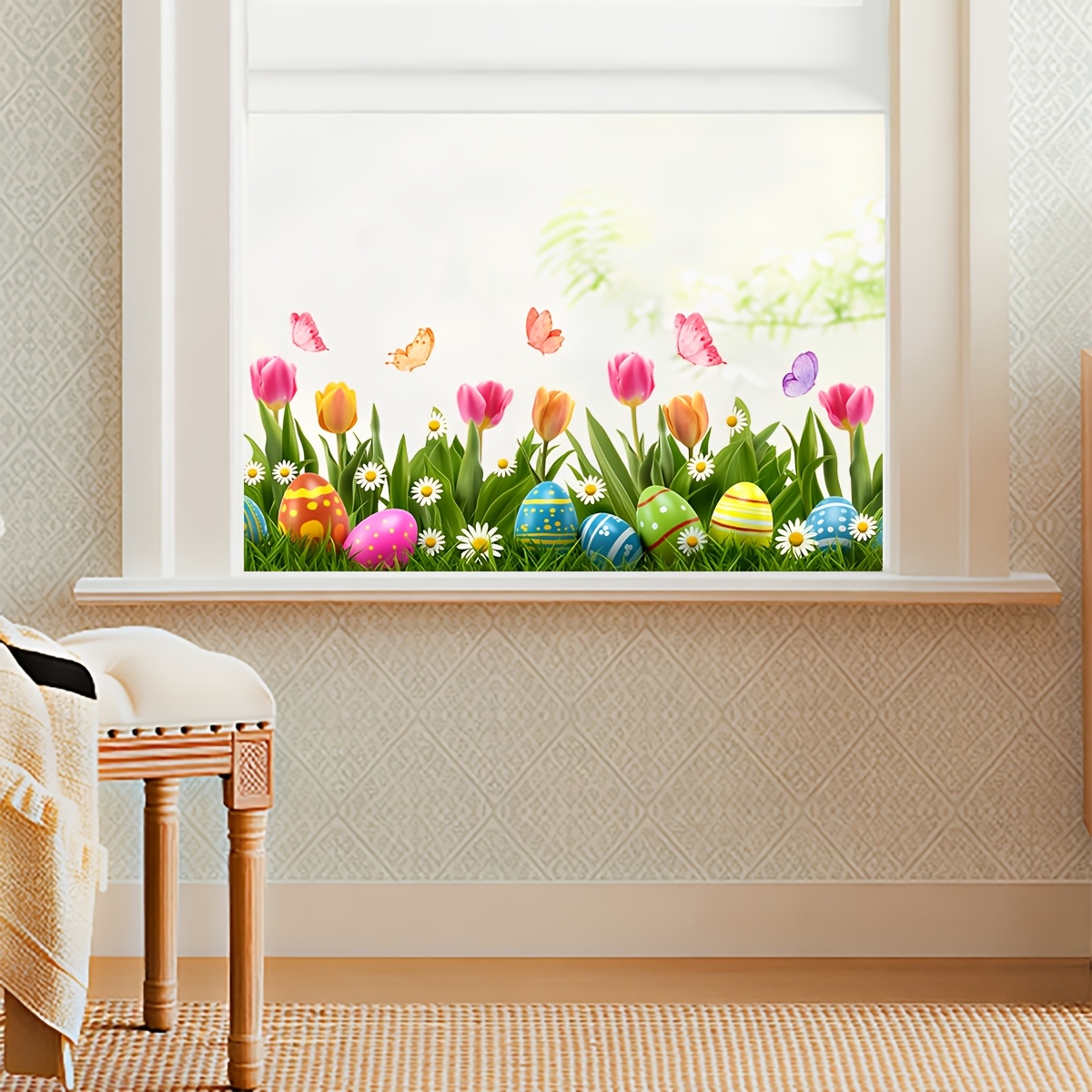 Easter Spring Floral Window Decals | Festive Themed Transparent Privacy Stickers, Pet Material, 9mil Thick, Self-adhesive, Removable Double Sided Flower Bathroom Deco