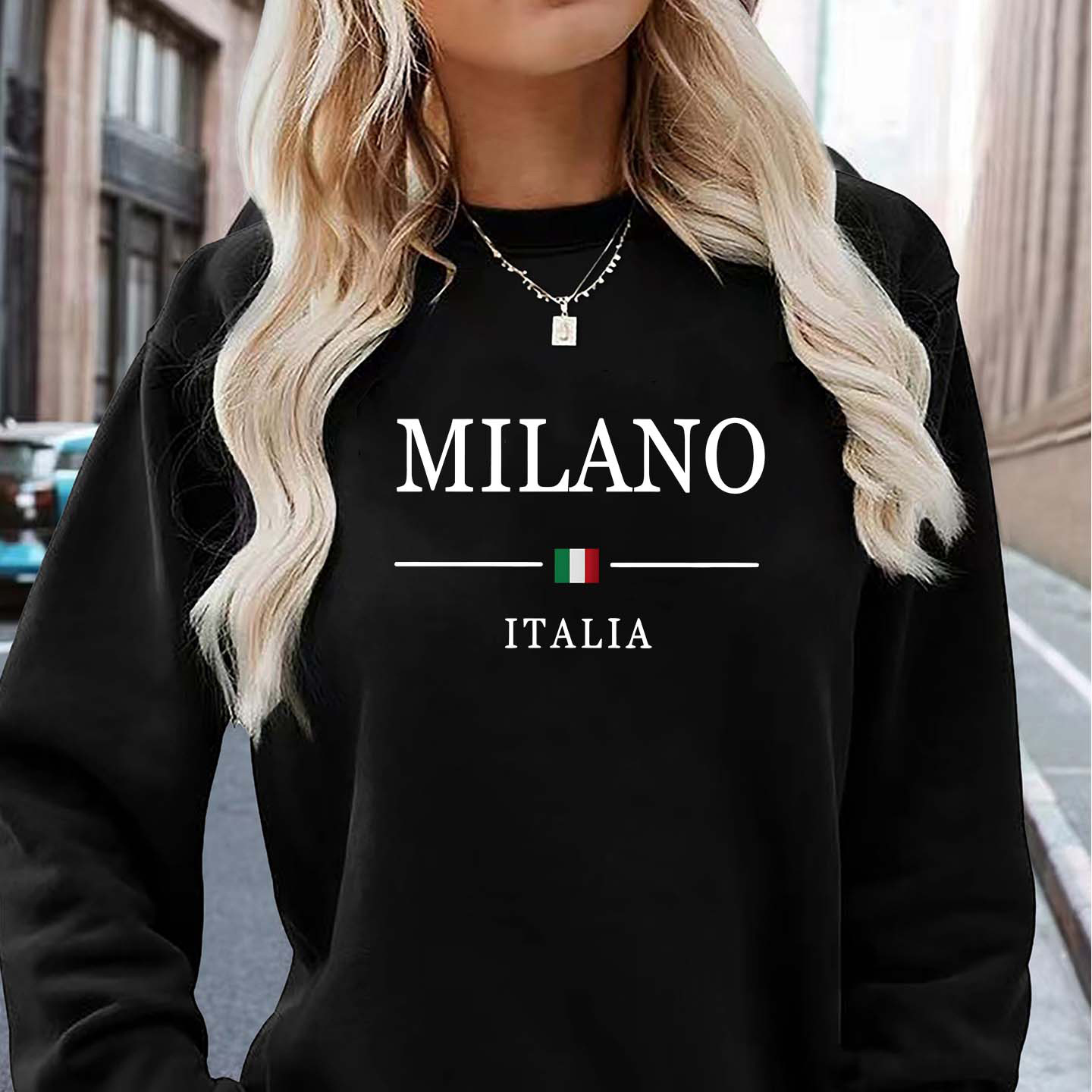 

1pc Sweat-shirt décontracté à col rond pour femmes avec ITALIA, tissu tricoté en polyester, légèrement extensible, pull à manches longues pour et l'hiver