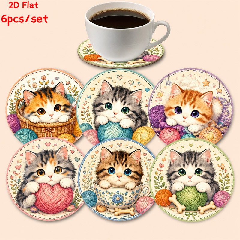 TEMU Whimsical Printed Three-flower Little Kitten Wooden Coasters, 6pcs Set, Featuring Cute Kittens Peeking Out Of , Colorful Yarn Balls, And