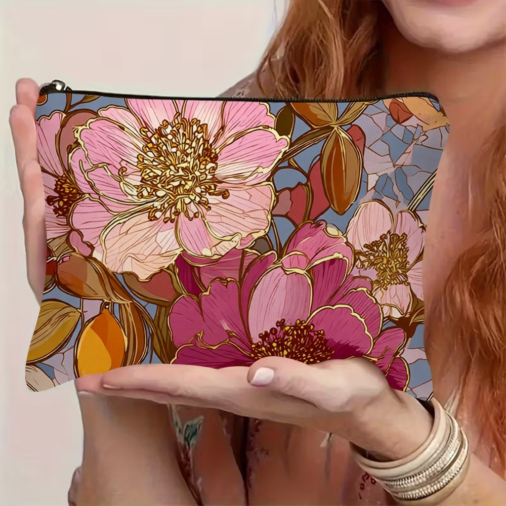TEMU 1pc Multi-functional Makeup Bag With Pink And Golden 3d Flower Pattern, For Travel Storage/daily Use/commuting, Camping/hotel Stays, Exquisite