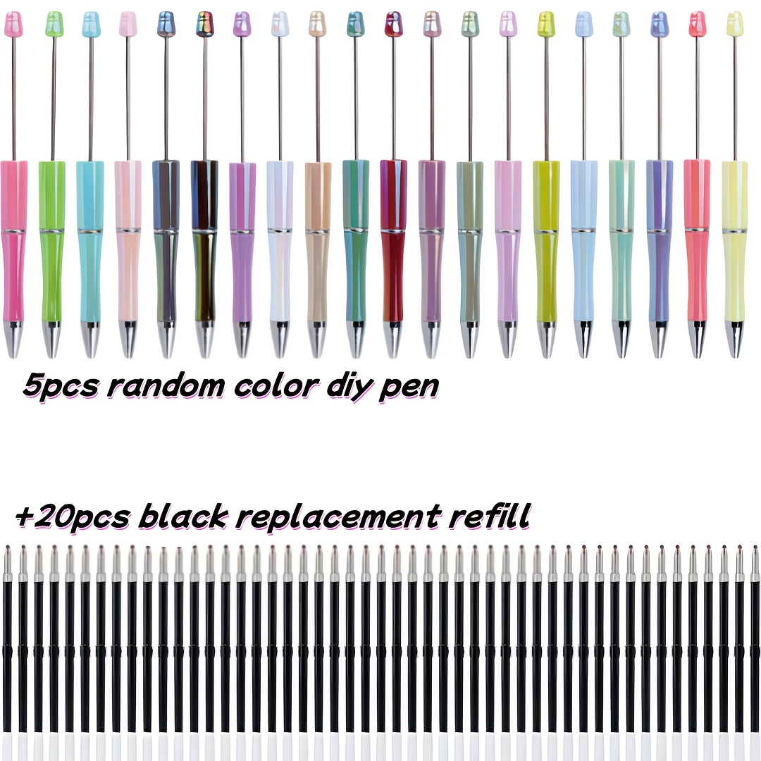 Image of 25pcs (5 Pens + 20 Pen Refills) Macaron Color Uv Coated Beads Black Ballpoint Pen Diy Pen Jewelry Making Kit Suitable For Students Teachers Gift Box Random Colors