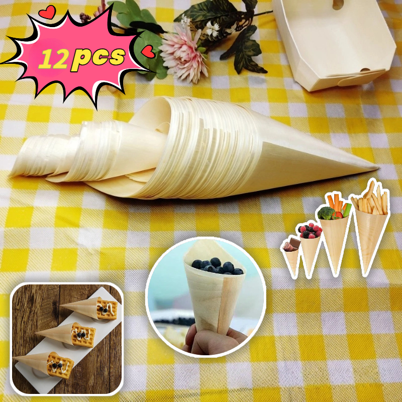 TEMU 12pcs Natural Wooden Serving Cones Food Grade Wood Dessert Holders Fruits Snacks Rustic Table Decor Wedding Party Restaurant Catering Display