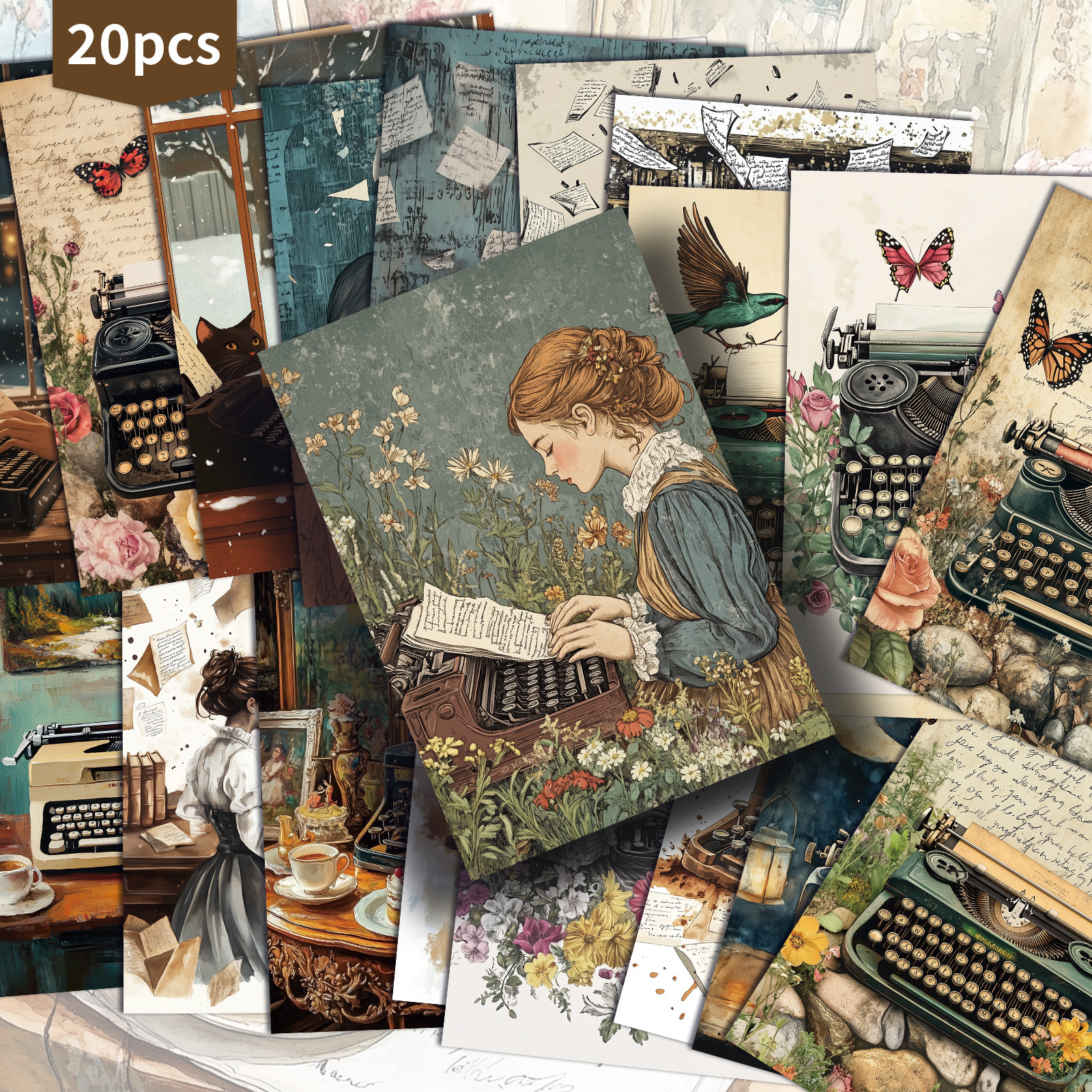 TEMU 20 Confezione Cartoline da Scrittura a Macchina - Carta per Junk Journal 4x6 pollici, Illustrazioni Pinup , Carte Decorative da per Scrapbooking