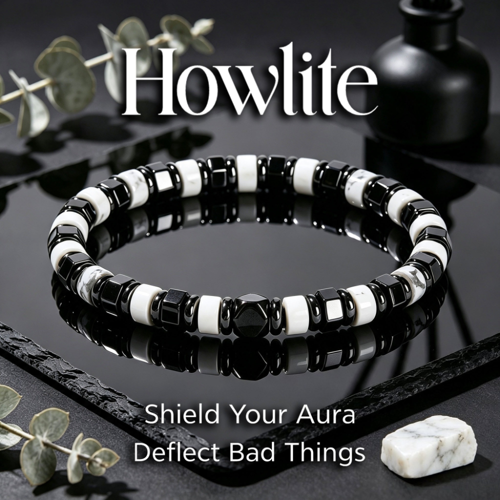 TEMU Sqnutq Natural Howlite & Hematite Cube Beaded Bracelet - Genuine Natural Jewelry Suitable For , April Birthstone Gift, Minimalist Daily Wear For