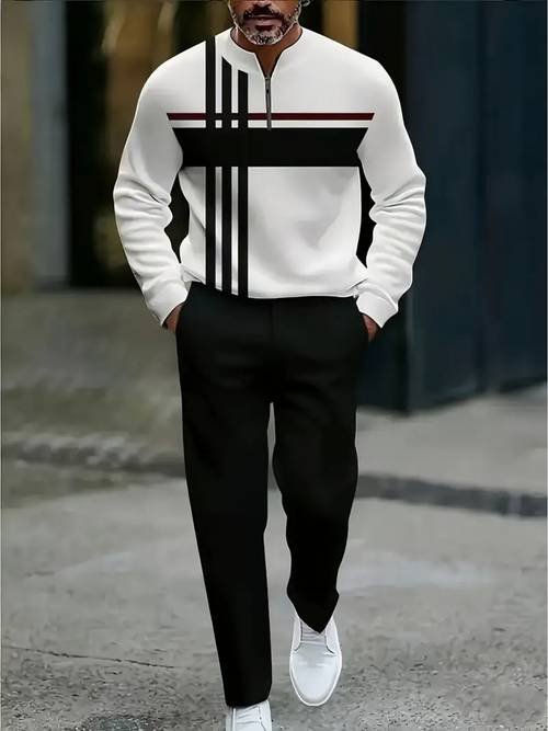2pcs Men'S Casual Sportswear Set - Long Sleeve Zipper Jacket & Drawstring Pants, Geometric Pattern, Regular Fit, Slight Stretch Fabric, Perfect for Fall/Winter