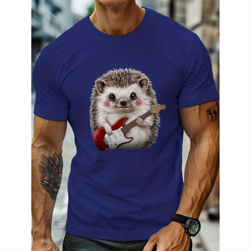 

Men's Casual Hedgehog Guitar Print T-shirt, 100% Polyester Crew Neck Short Sleeve Top, Summer Knit Fabric Tee With Stretch, Regular Fit Lightweight Shirt