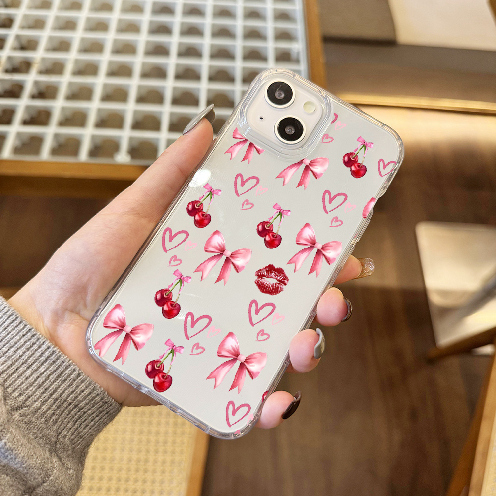 pink bow heart cherry trendy aesthetic clear phone case Temu