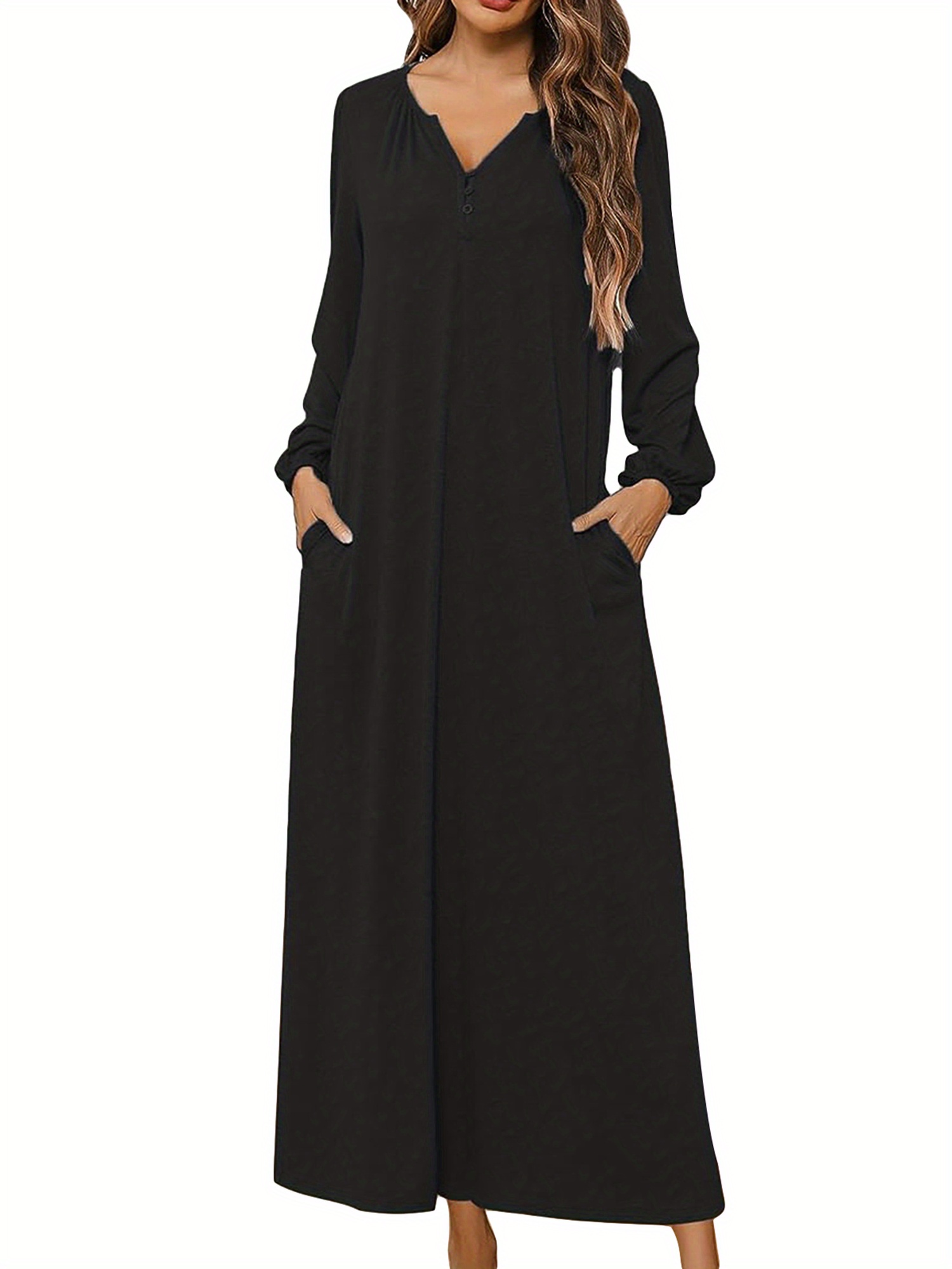 women spring autumn long nightgown solid color long sleeve - Temu