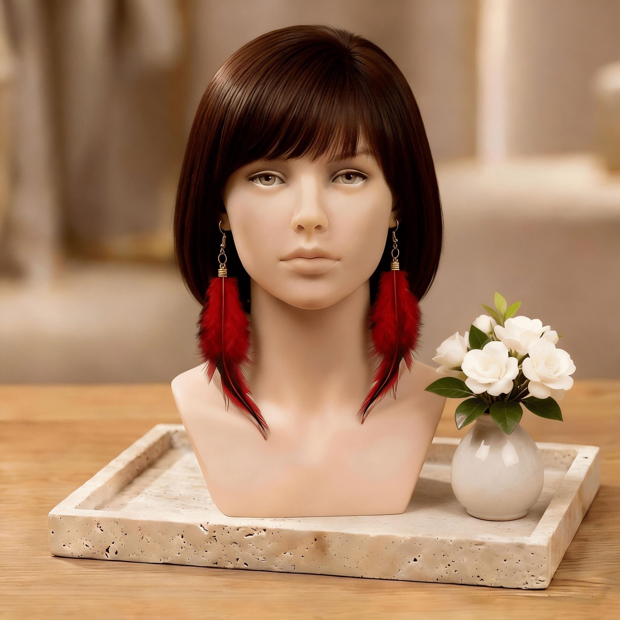 Ethnic Bohemian Faux Feather Earrings, Golden-Plated Hooks