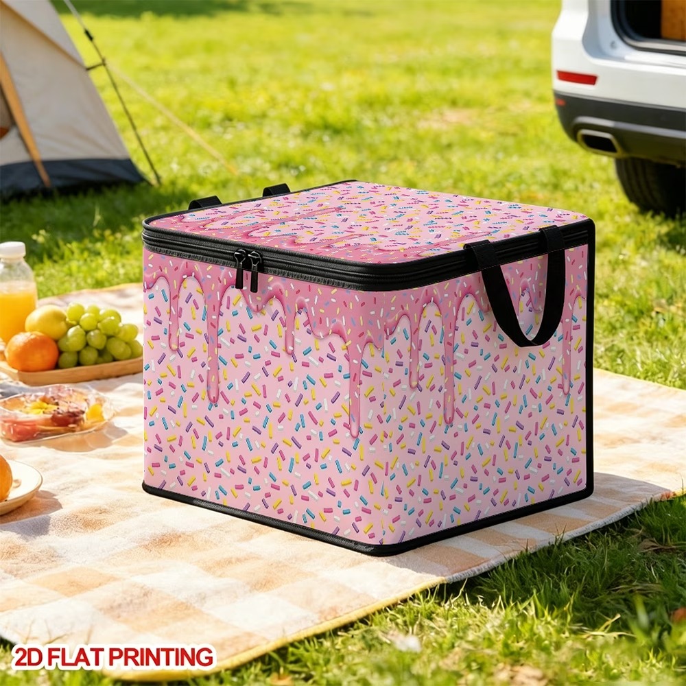 TEMU 2d Flat Fun Cartoon Pink Donut Storage Box. Foldable, Large-capacity Storage Bin With Handle, Zipper, And Dustproof Cover. Household Organizer