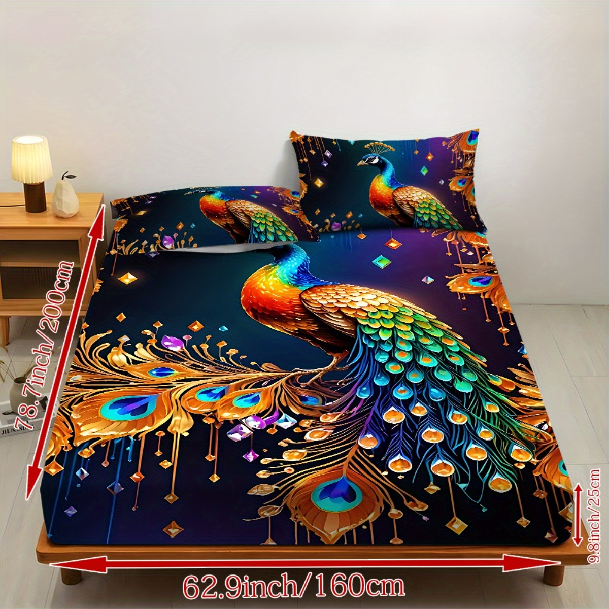 TEMU Fitted Sheet Bedding 3pcs Set-3pcs Colorful Peacock Pattern Mattress Covers In 10 Sizes (1pc Fitted Sheet And 2pcs Pillowcases, ), Autumn