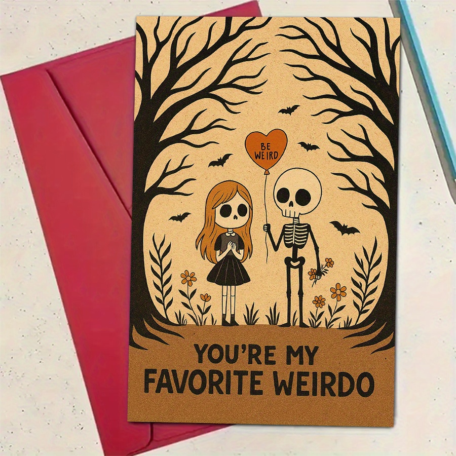 TEMU A Humorous And Eerie Love Card Featuring A Skeleton And A Girl With A Heart-shaped Balloon, Ideal For Couples Who Want To Halloween Or Have