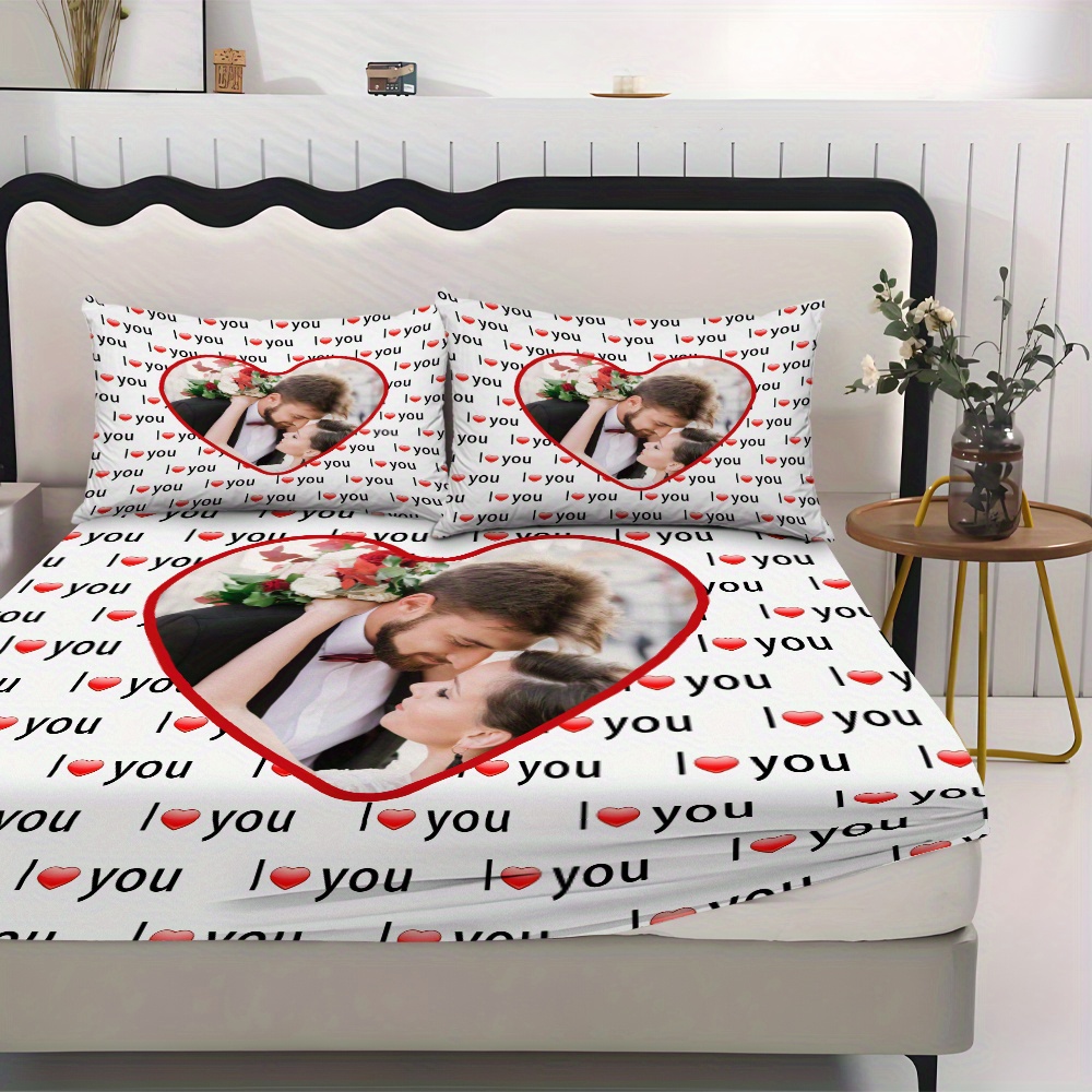 custom 3pcs i love you personalized printed bedding set couple fitted sheet set 1 fitted sheet 2 pillowcases   elegant   breathable light beige friendly bed linens in multiple sizes   decor with comfortable mattress protector Product details 1
