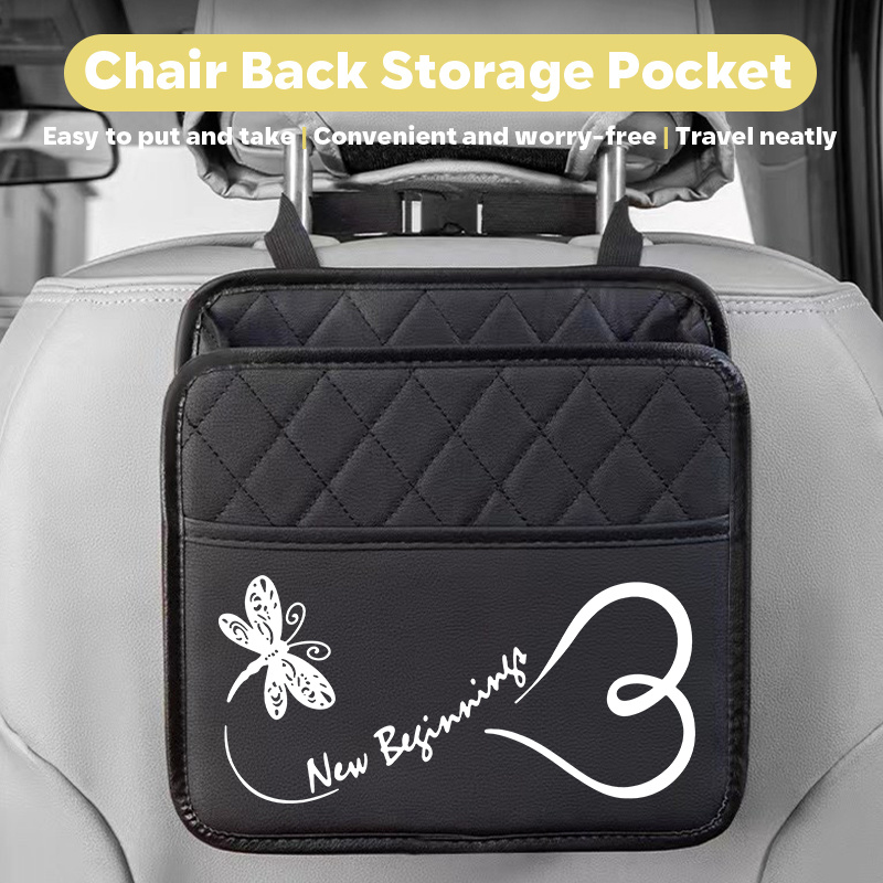 TEMU Car Seat Back Organizer Bag, Printed Pu Leather, Waterproof And Stain-resistant, Large Capacity, Vehicle Seat Back Storage, Car Interior