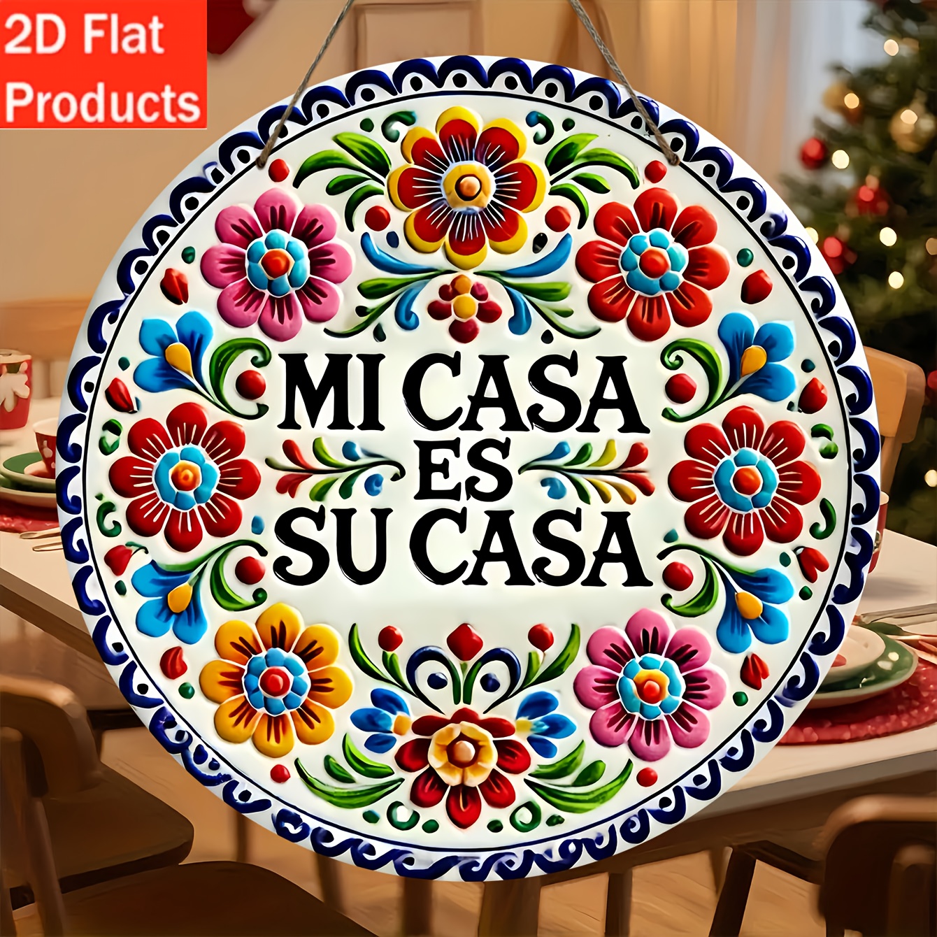 TEMU 2D Plat - Een 2D plat ontwerp, één houten wanddecoratie in het Spaans met de zin ' Es Su Casa' - een ronde wandbord dat vertaald wordt als 'Uw