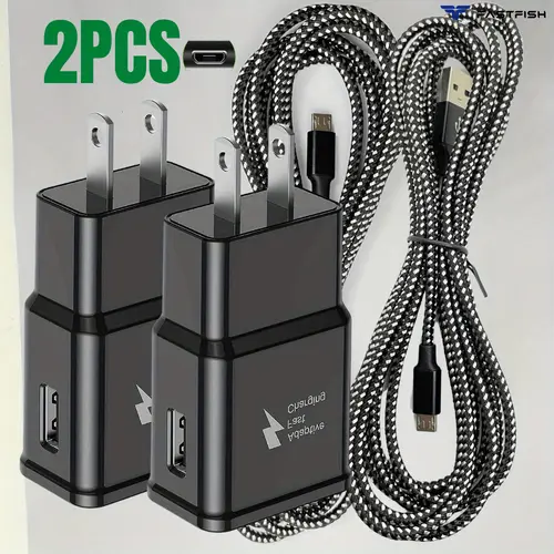 2pcs braided micro usb cable 10ft long fast charging wall adapter us for samsung android for google