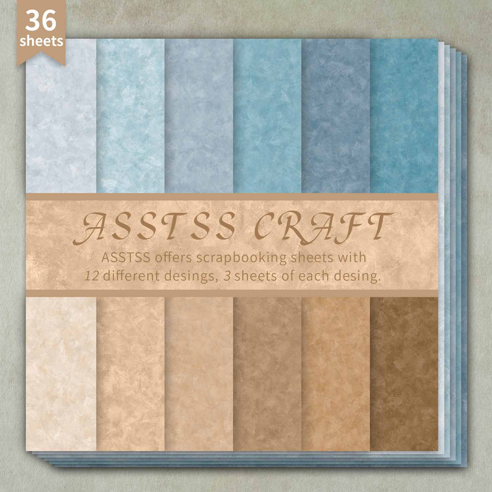 TEMU Bloc de papier scrapbooking ASSTSS de 36 feuilles, pouces, papier de base bleu et marron vintage avec des teintes de plage, un style de texture