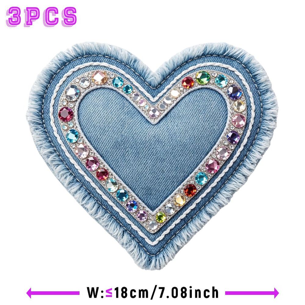 TEMU 3pcs 2d Flat Heat Transfer Stickers Heart Shape Denim Patch With Rhinestone Trim, Frayed Edge Iron-on Appliques For T-shirts Jeans Jackets Bags