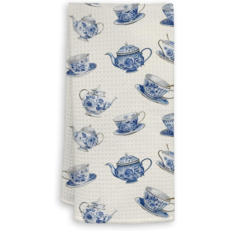 TEMU 1pc Blue Chinoiserie Kitchen Towels Suitable For Kitchen Decor, Blue And White Teacup & Teapot Dish Towels, Modern Chinese Decorative For Gifts,