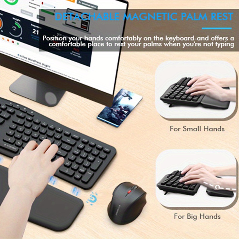 E-YOOSO Wireless Keyboard And Mouse Set with 2.4Ghz, Designed Ergonomically with a Wrist Rest, Features Low Voltage Alerts And Automatic Sleep Mode, Suitable for Home Office Use
