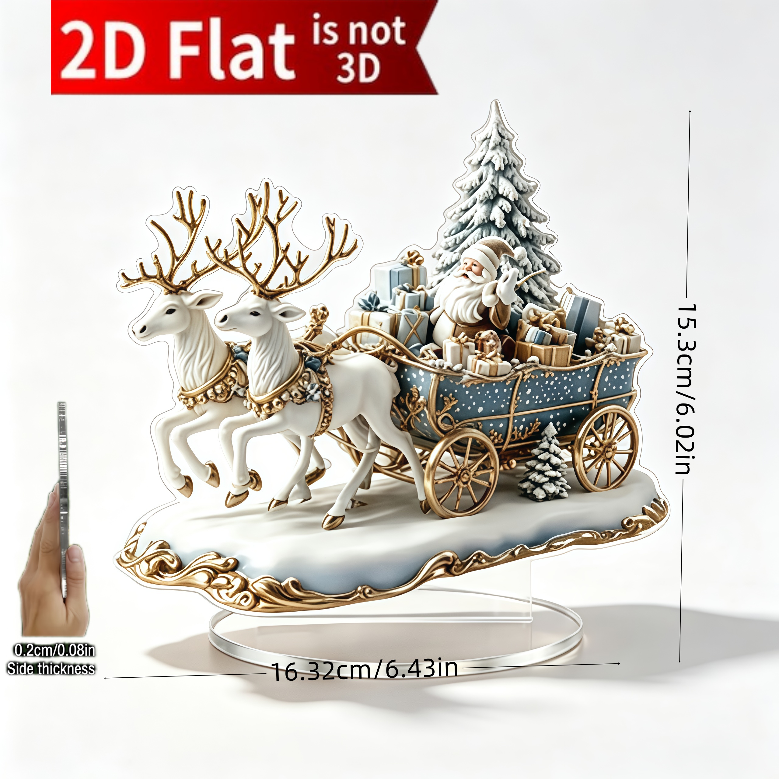 TEMU 2d Flat, 2d Flat Printed Acrylic Christmas Ornament, 2 Pulling A Sleigh With Santa Claus, Gift Car Ornament For Living Room Or Desktop, Icy Snow