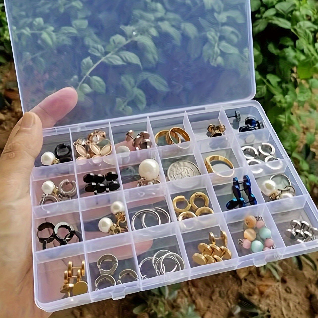Caja Organizadora de Joyas de Plástico Transparente con 24 Compartimentos y Separadores Ajustables - Ideal para Pendientes, Anillos, Collares y Almacenamiento de Cuentas Artesanales, Solución de Almacenamiento de Joyería | Compartimentos Ajustables | Contenedor de Almacenamiento Duradero, Organizador de Joyería