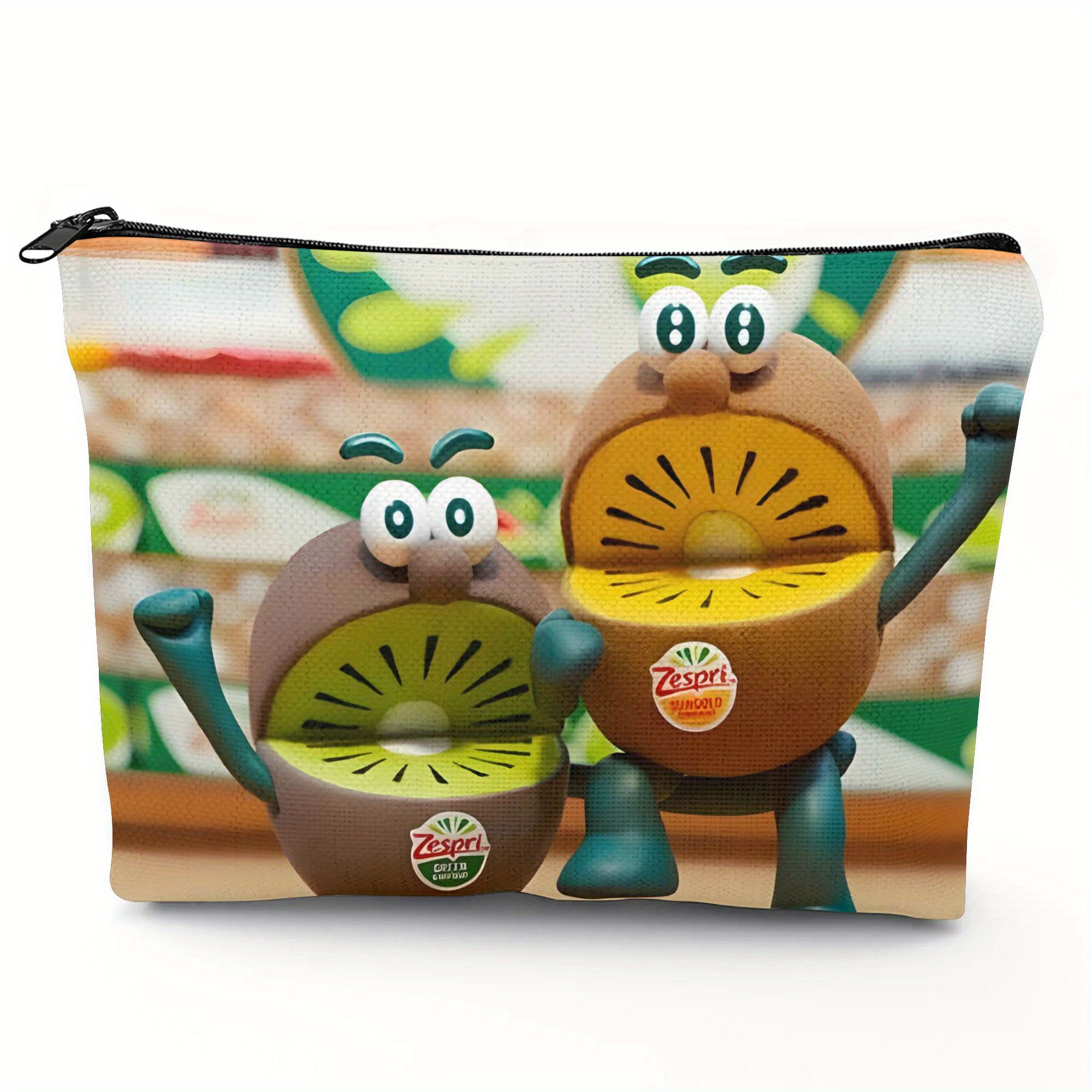 TEMU Zlienszus Cute Kiwi Brothers Makeup Bag - Beige Cosmetic Organizer With Kiwi Characters, Durable Polyester Travel Toiletry Bag For Women, S -