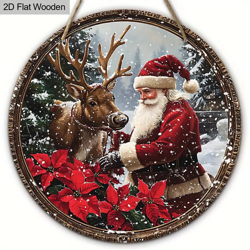 TEMU Décorations de Noël plates 2D, Ornement panneau en bois plat 2D avec vintage du Père Noël et d'un , Décor de porte et de mur de Noël, Décoration