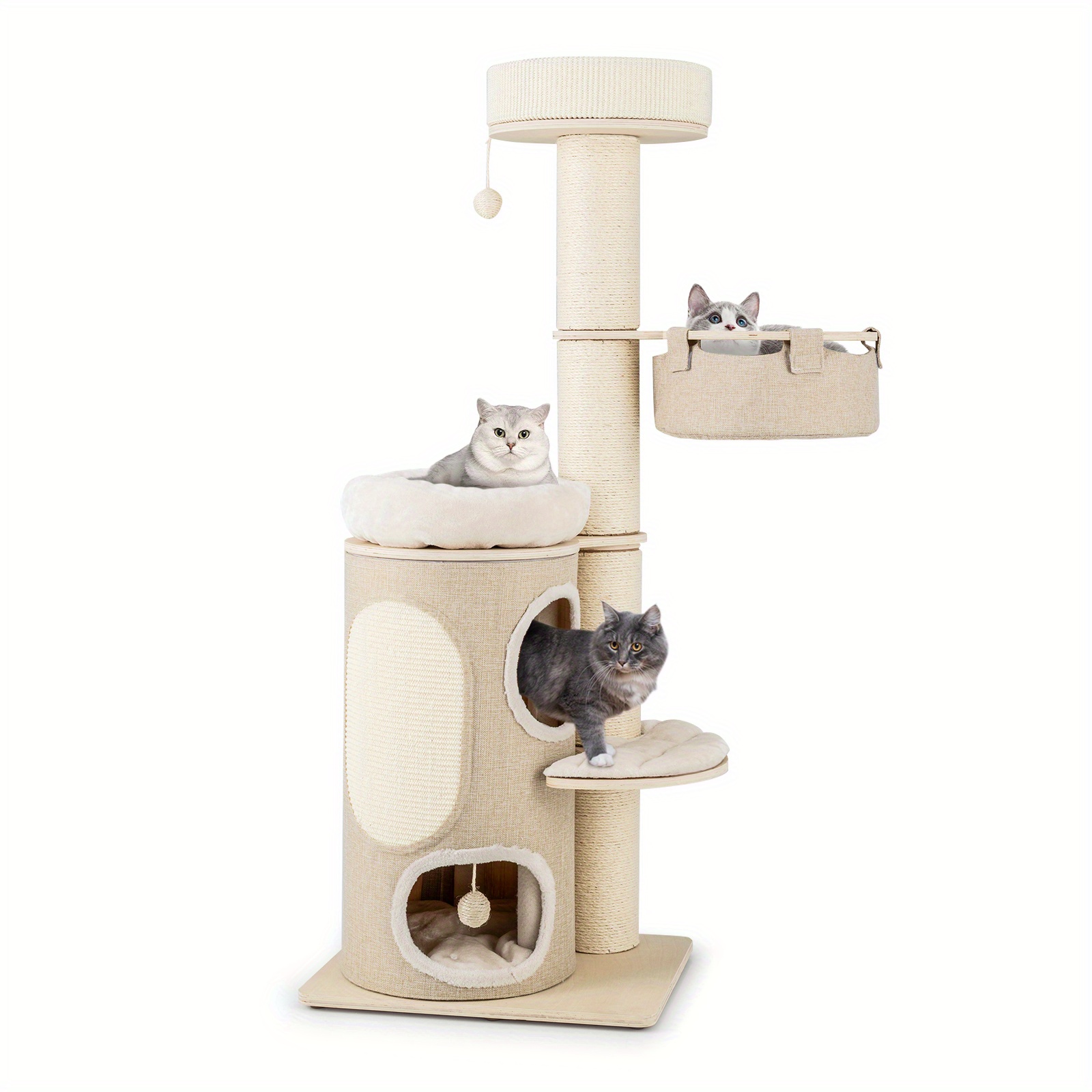 61" Cat Tree For Indoor Cats, Tall Multi-level Cat Tower W/ 2-stoery Condo, Top Perch, Sisal Scratching Posts, , Hammock, Dangling Balls