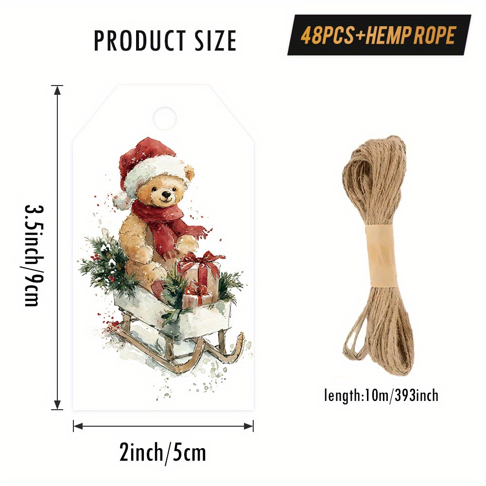 TEMU 48/96 étiquettes cadeaux avec corde de , représentant un en chapeau de Père Noël sur un traîneau avec des cadeaux, dans un style et généreux.