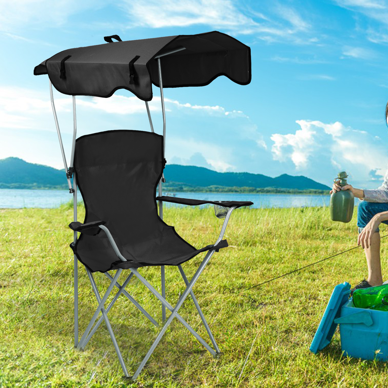 50*50*90-120cm Beach Chair With Canopy, Camping Fishing Chair, Portable Armchair, Black