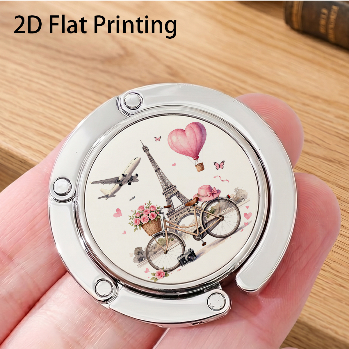 TEMU 1pc Eiffel Tower Rose Bicycle Heart Hot Air Balloon Pattern Silvery Round Folding Hook For Hanging Bags On Tables, Shelves, Or Car Seats,