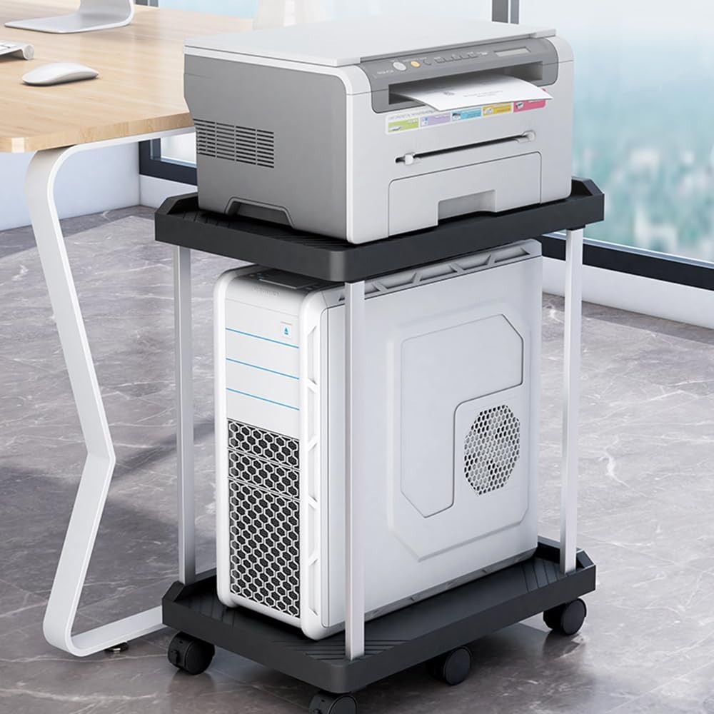2-layer Storage Rack With 6 Swivel Locking Wheels, Heavy Duty Computer Tower Stand For Printer Books, Mobile Rolling Cart For Home Office Studio, Transparent Side Panels, Easy Cable Management
